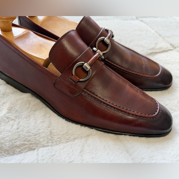 $525 Magnanni Bennett Men\'s Burnished Brown Horse Bit Leather Loafers 11